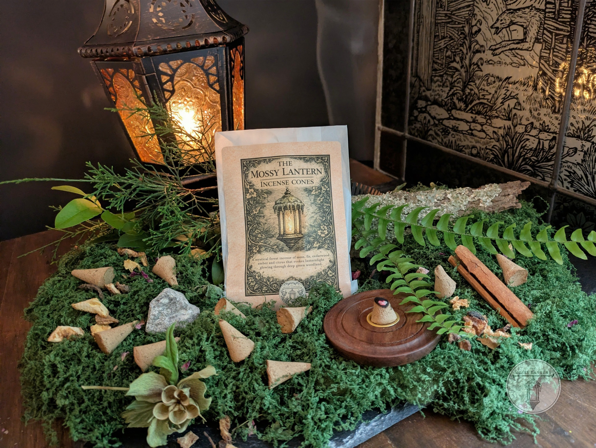 The Mossy Lantern (Cedarwood + Cinnamon + Orange) Natural Incense Cones